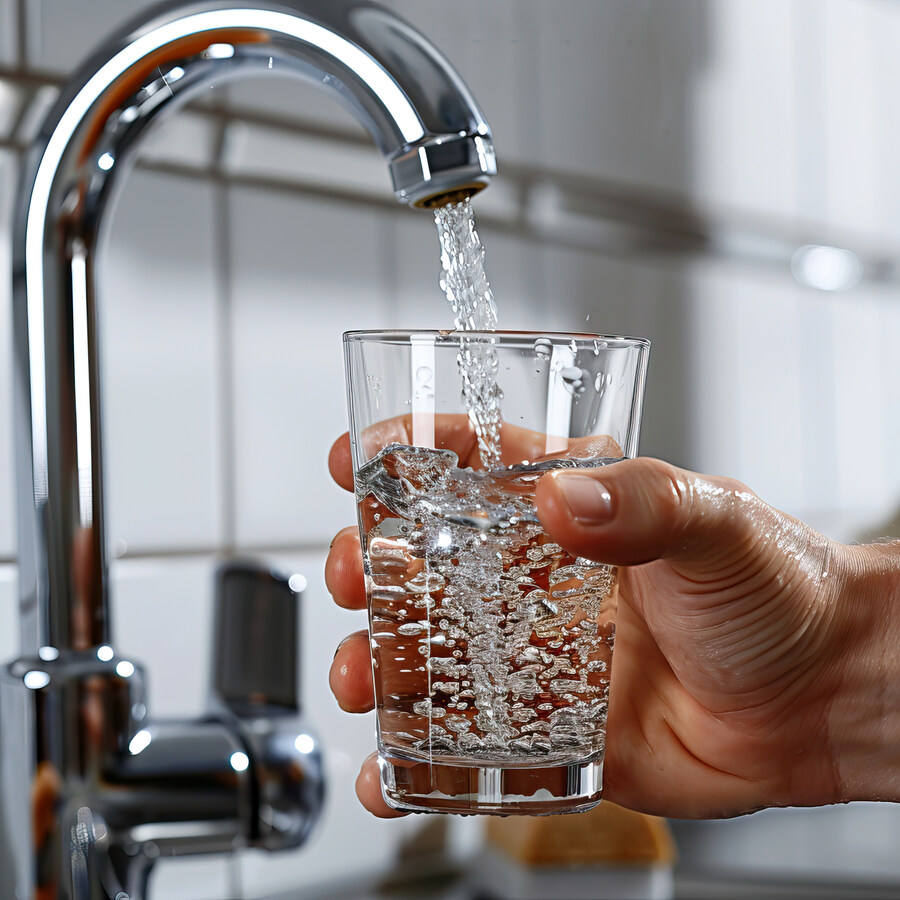 Frisches Trinkwasser läuft aus dem Wasserhahn ins Glas – hygienische Trinkwasserinstallation von Richard Reitzle in Pfaffenhofen an der Roth